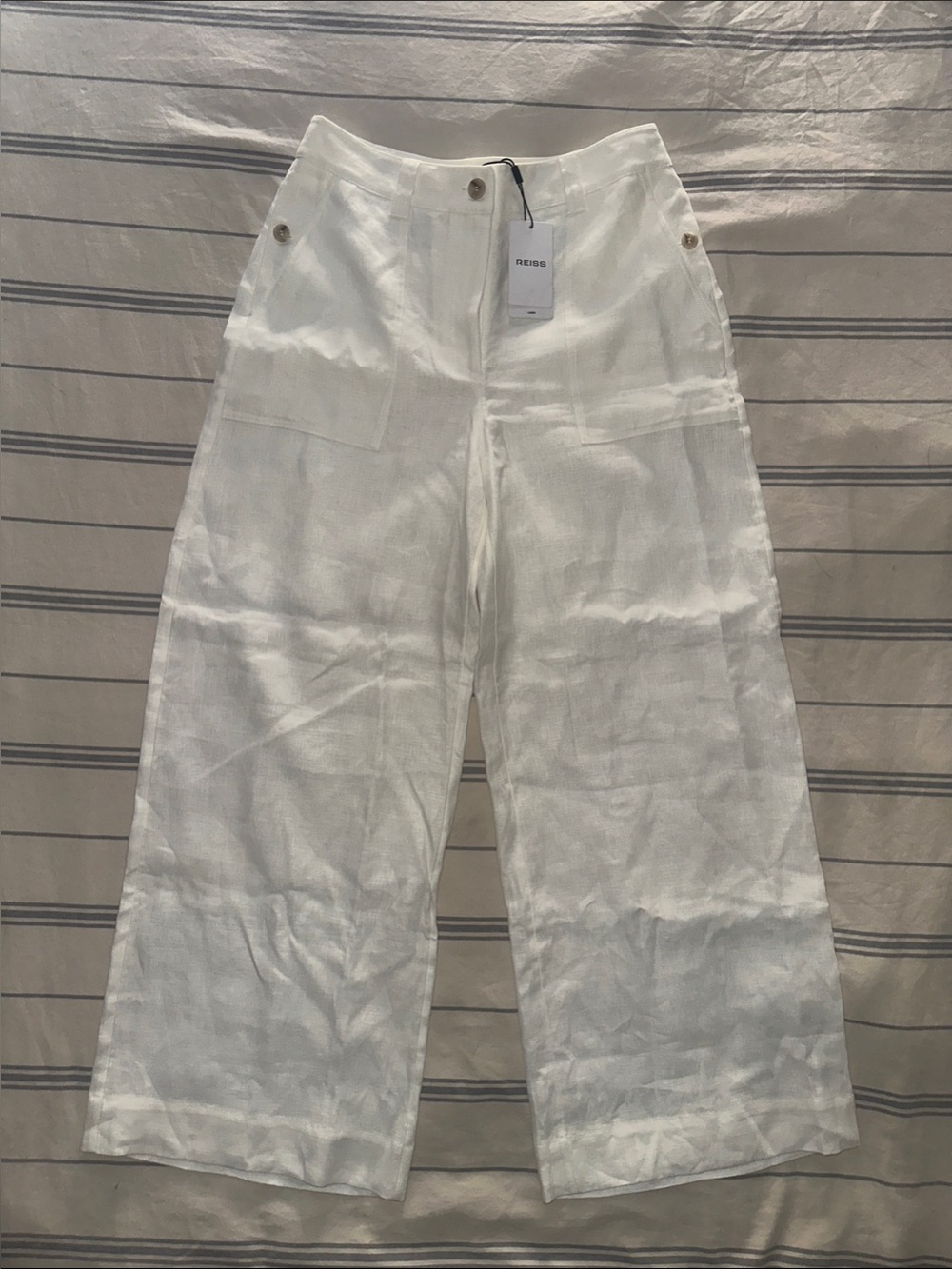 REISS Women’s White Wide-Leg Linen Pants with Patch Pockets